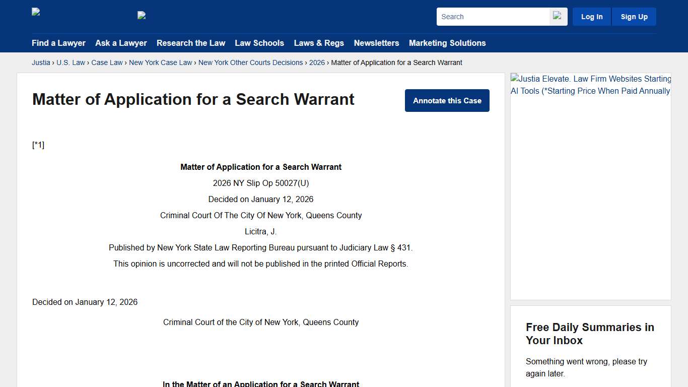 Matter of Application for a Search Warrant :: 2026 :: New York Other Courts Decisions :: New York Case Law :: New York Law :: U.S. Law :: Justia