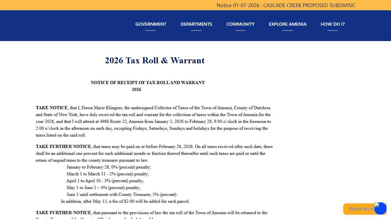 2026 Tax Roll & Warrant | Town of Amenia