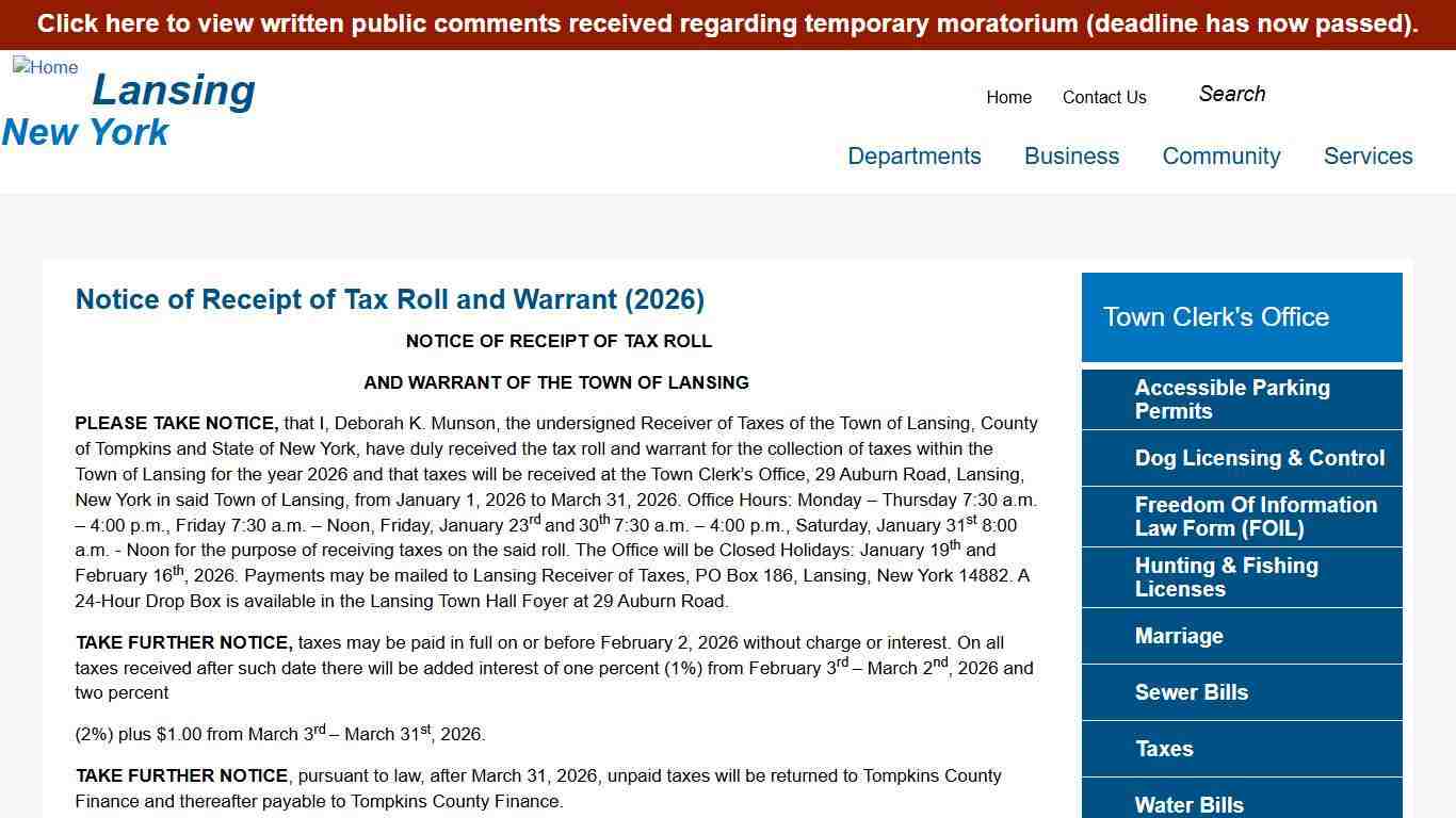 Notice of Receipt of Tax Roll and Warrant (2026) | Town of Lansing New York