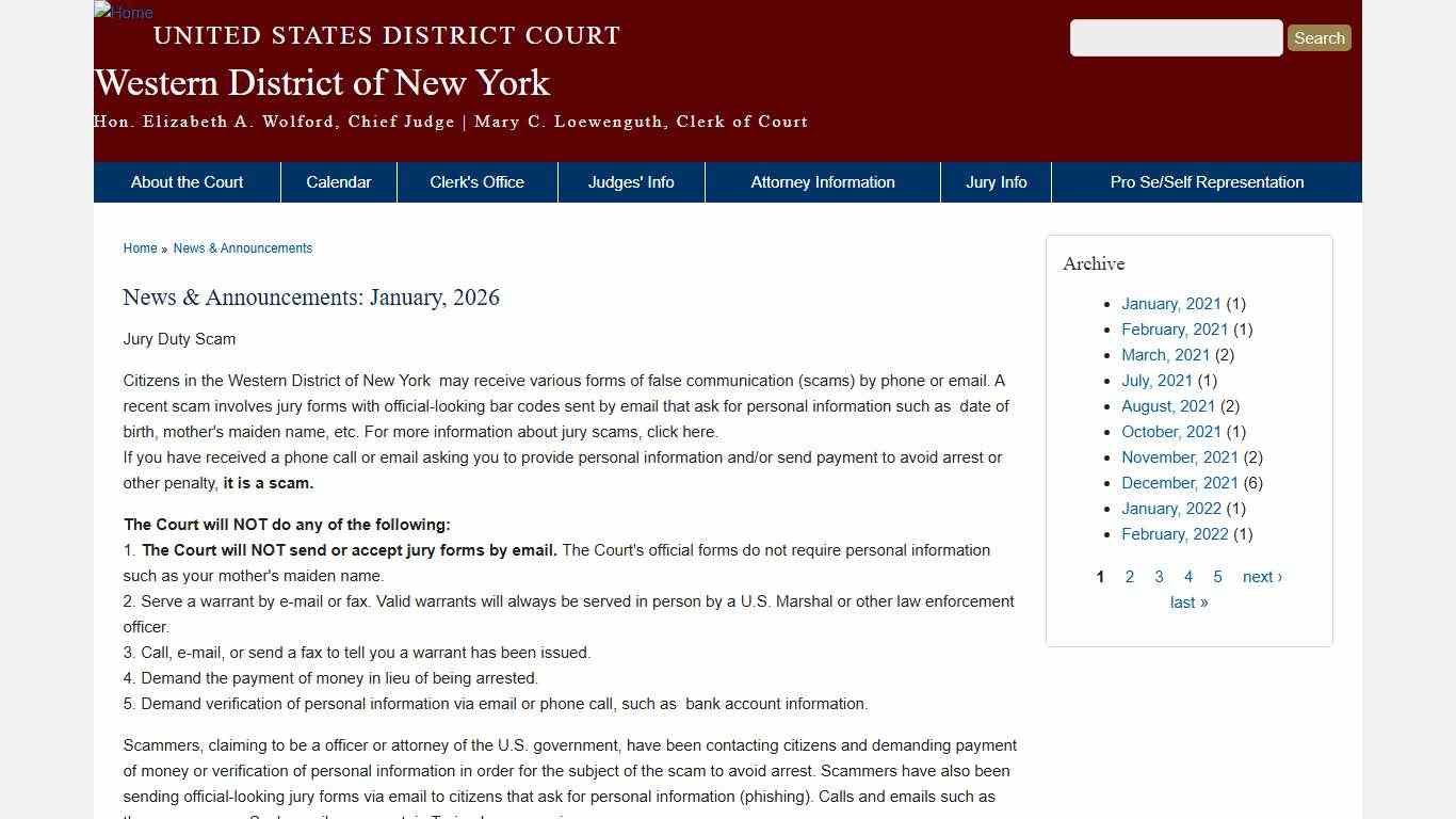 News & Announcements: January, 2026 | Western District of New York | United States District Court
